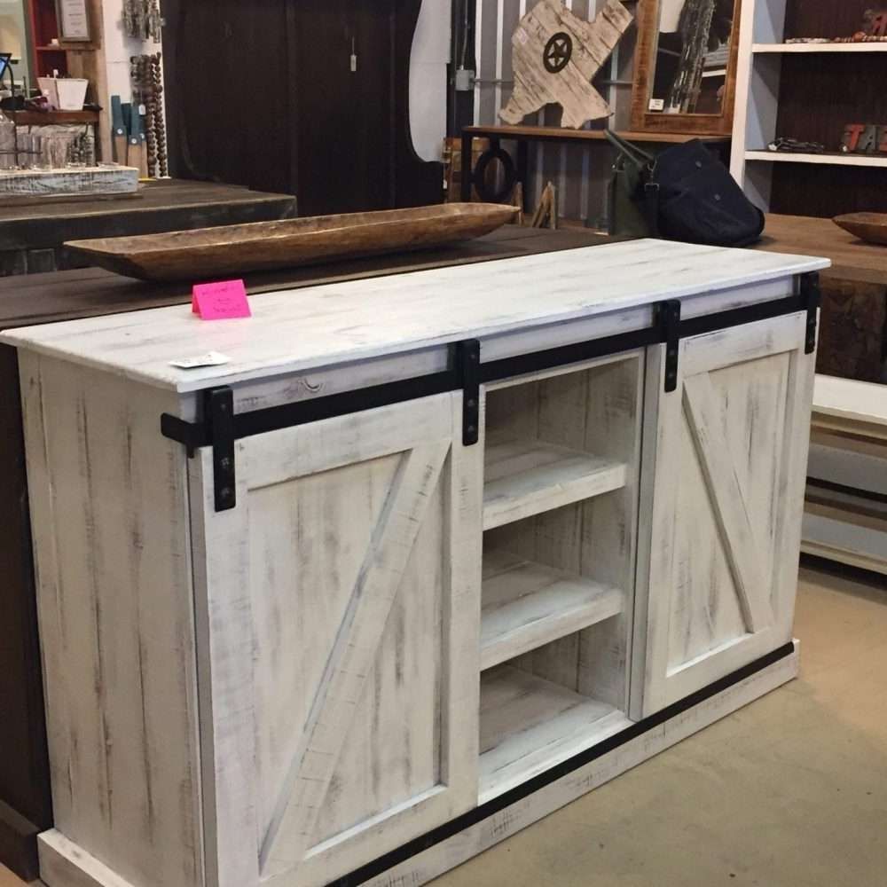 Barn Door Cabinet – Tv Stand White Distressed | Rustic Rarehouse In Rustic White Tv Stands (Gallery 1 of 20)
