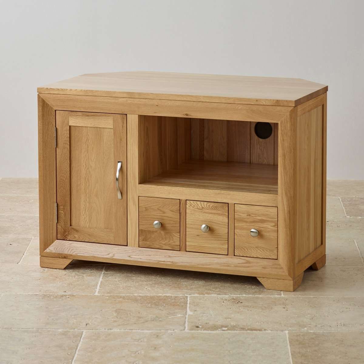 Bevel Small Corner Tv Cabinet In Solid Oak | Oak Furniture Land Within Corner Wooden Tv Cabinets (View 4 of 20)
