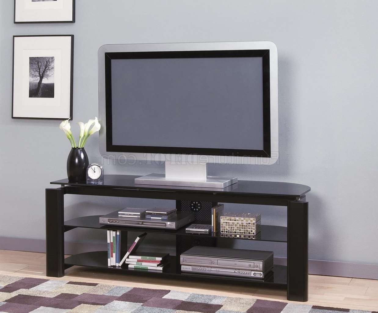 Black Glass & Metal Modern Tv Stand W/storage Shelves Inside Modern Glass Tv Stands (View 2 of 15)