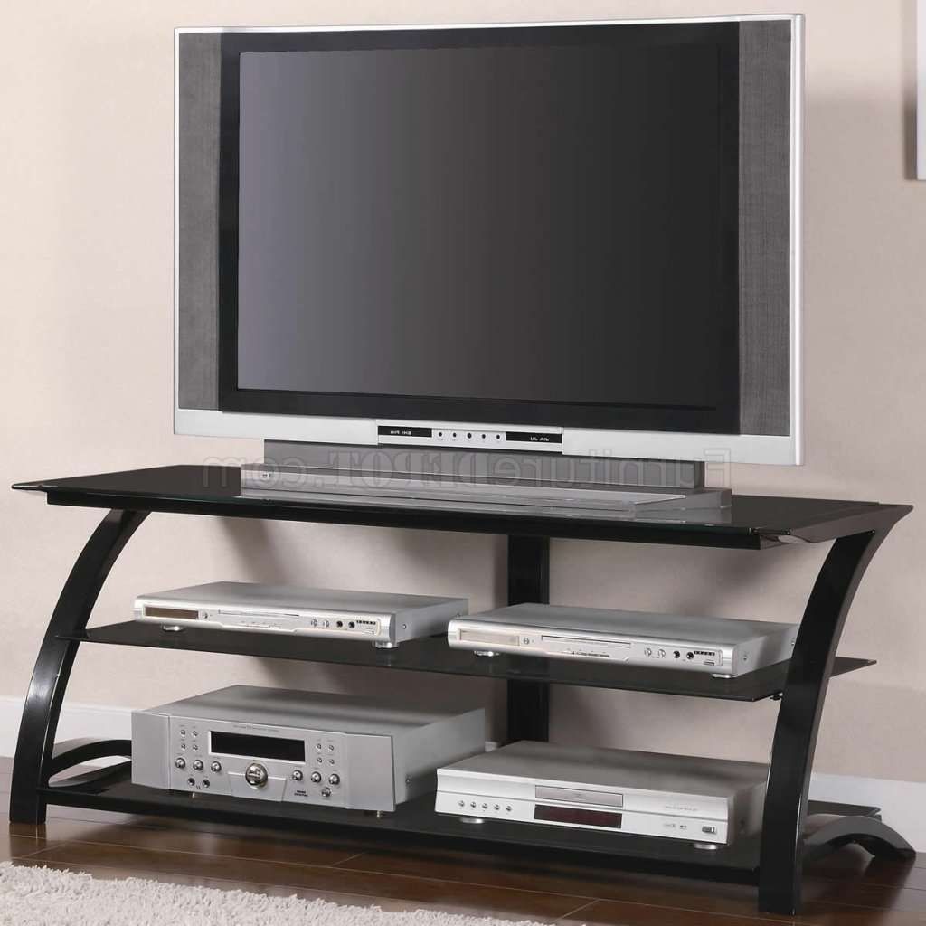 Black Tempered Glass & Metal Base Modern Tv Stand W/shelves Pertaining To Modern Glass Tv Stands (View 8 of 15)