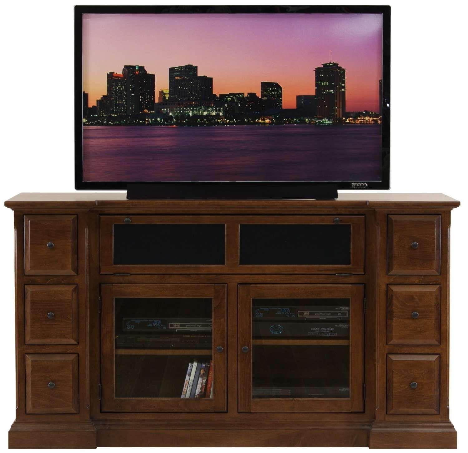 Brown Wooden Tv Stand With Storage With Glass Doors Combined With With Regard To Wooden Tv Stands With Doors (View 1 of 15)