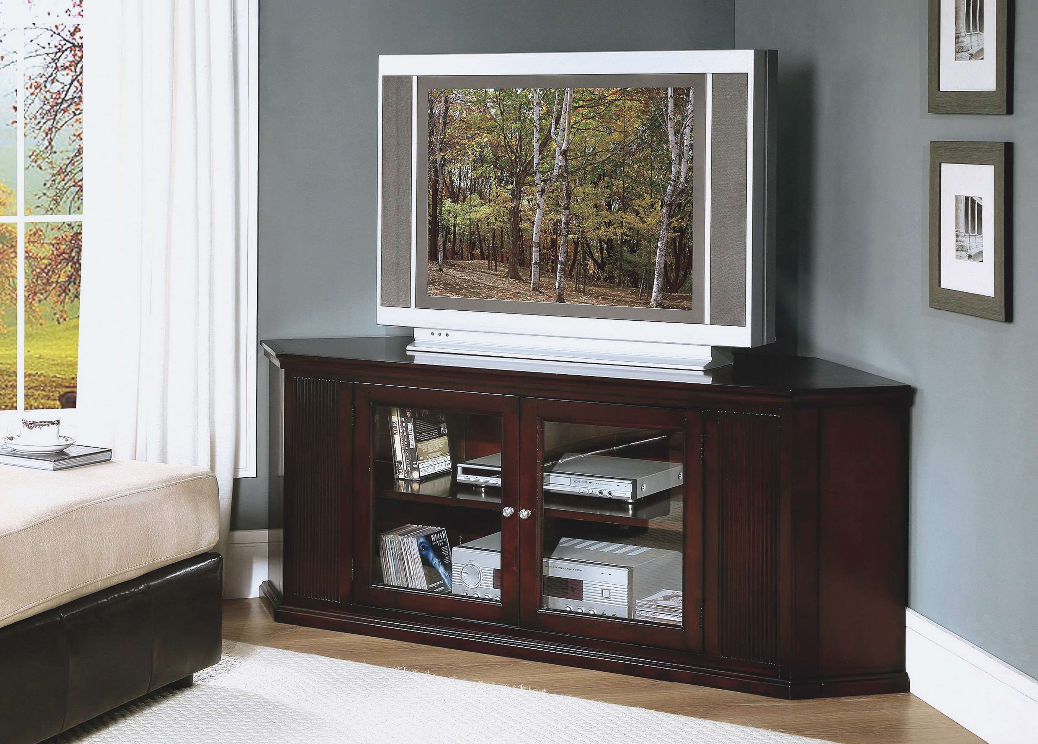 Dark Brown Oak Wood Corner Tv Stand With Glass Doors Of Dazzling Intended For Dark Brown Corner Tv Stands (View 8 of 15)
