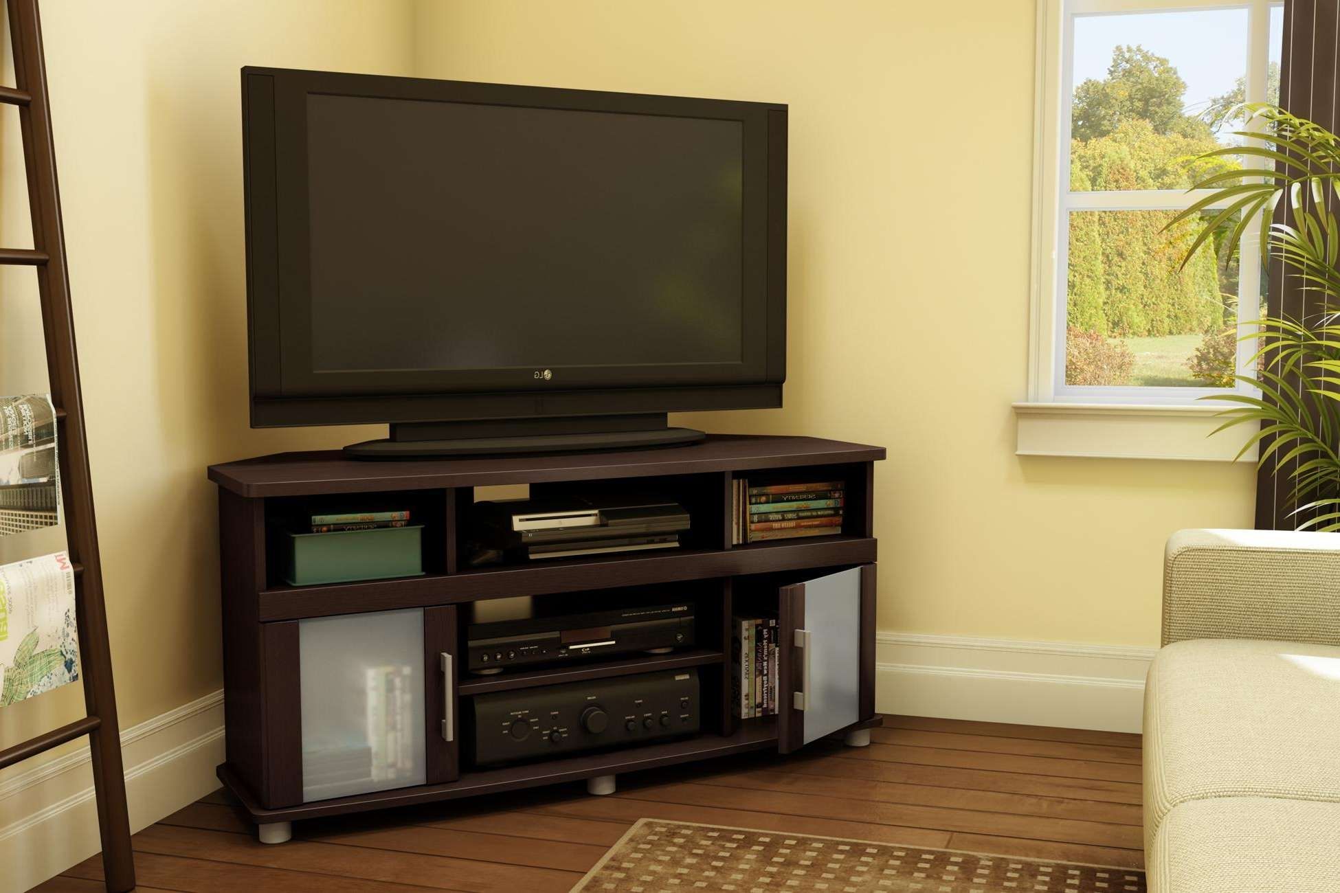 Furniture Accessories : Corner Tv Stand Ideas Triangular Shaped Throughout Dark Brown Corner Tv Stands (View 1 of 20)