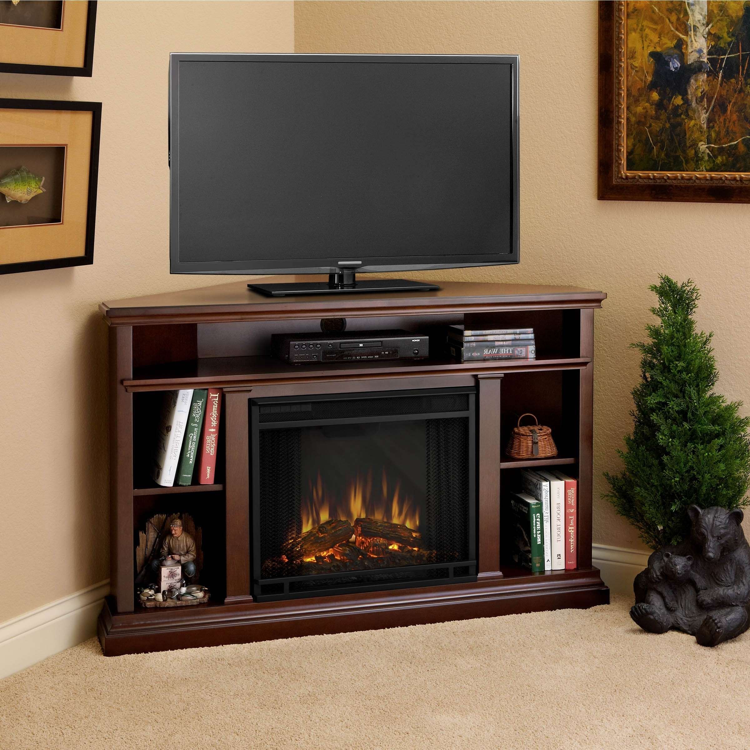 Furniture. Dark Brown Varnished Mahogany Wood Electric Fireplace In Dark Brown Corner Tv Stands (Gallery 15 of 15)