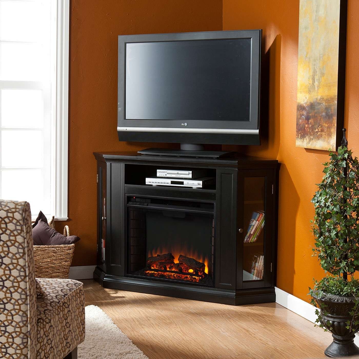 Furniture. Dark Brown Varnished Mahogany Wood Electric Fireplace In Dark Brown Corner Tv Stands (Gallery 9 of 15)