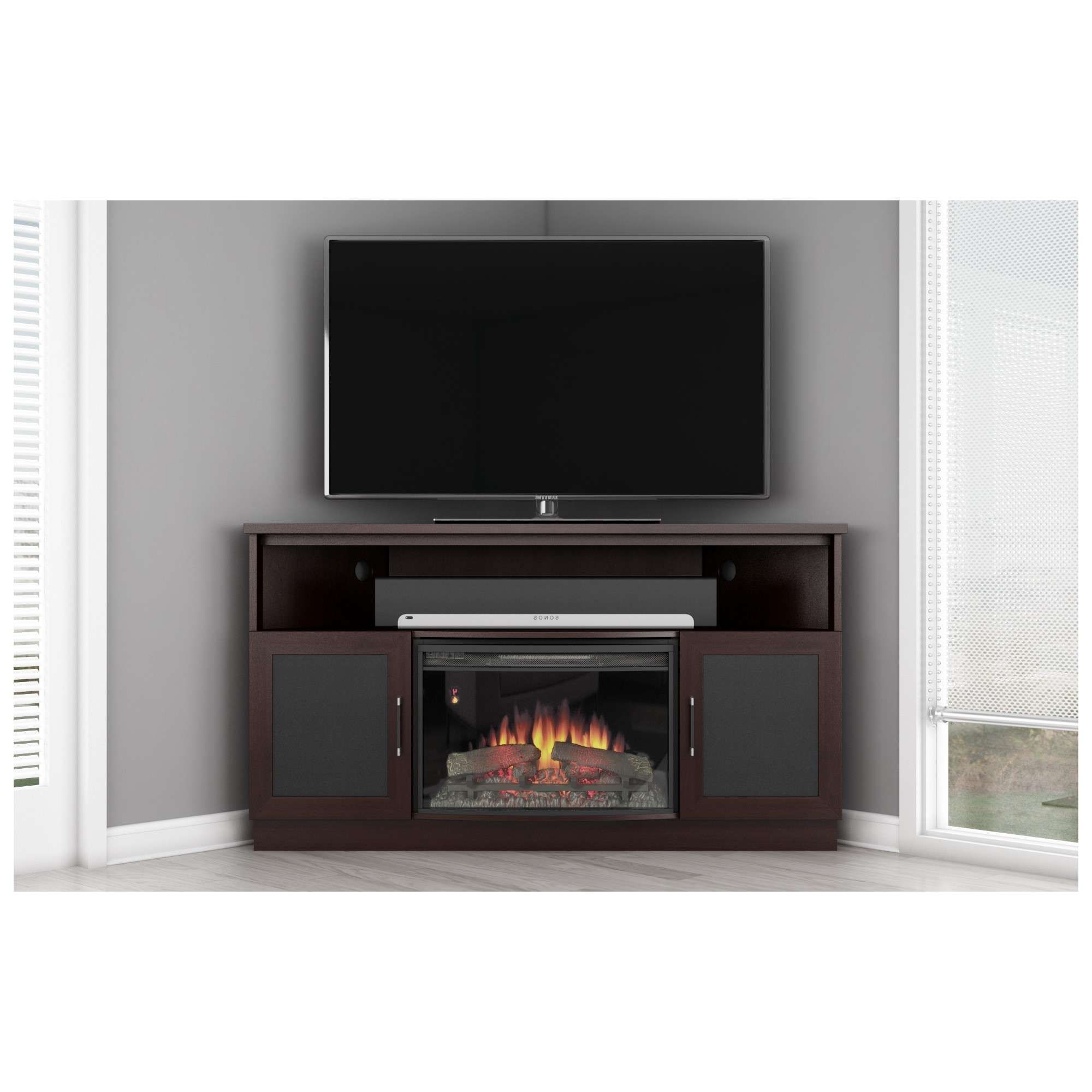 Furniture. Dark Brown Varnished Mahogany Wood Electric Fireplace Regarding Dark Brown Corner Tv Stands (Gallery 13 of 15)