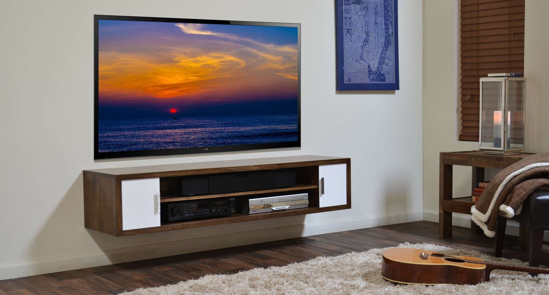 Furniture. Floating Wall Tv Stand Made Of Wood In Natural Lacquer Within White Wall Mounted Tv Stands (Gallery 11 of 15)