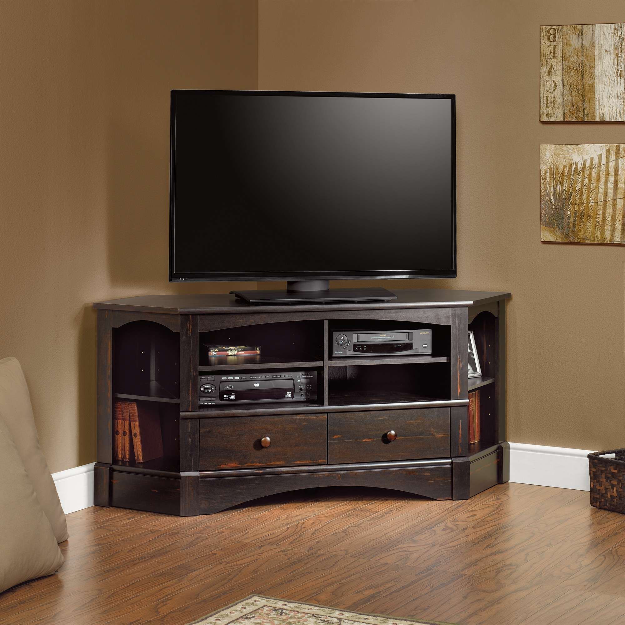 Furniture. Modern Dark Wood Corner Tv Stand And Media Cabinet Within Triangular Tv Stands (Gallery 2 of 15)