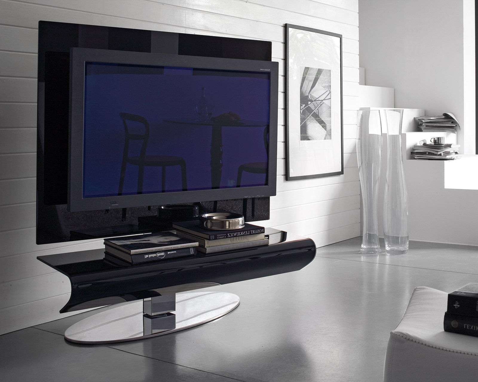 Glossy Black Acrylic Flat Screen Tv Stand With Oval Chromed Metal Within Acrylic Tv Stands (View 1 of 15)