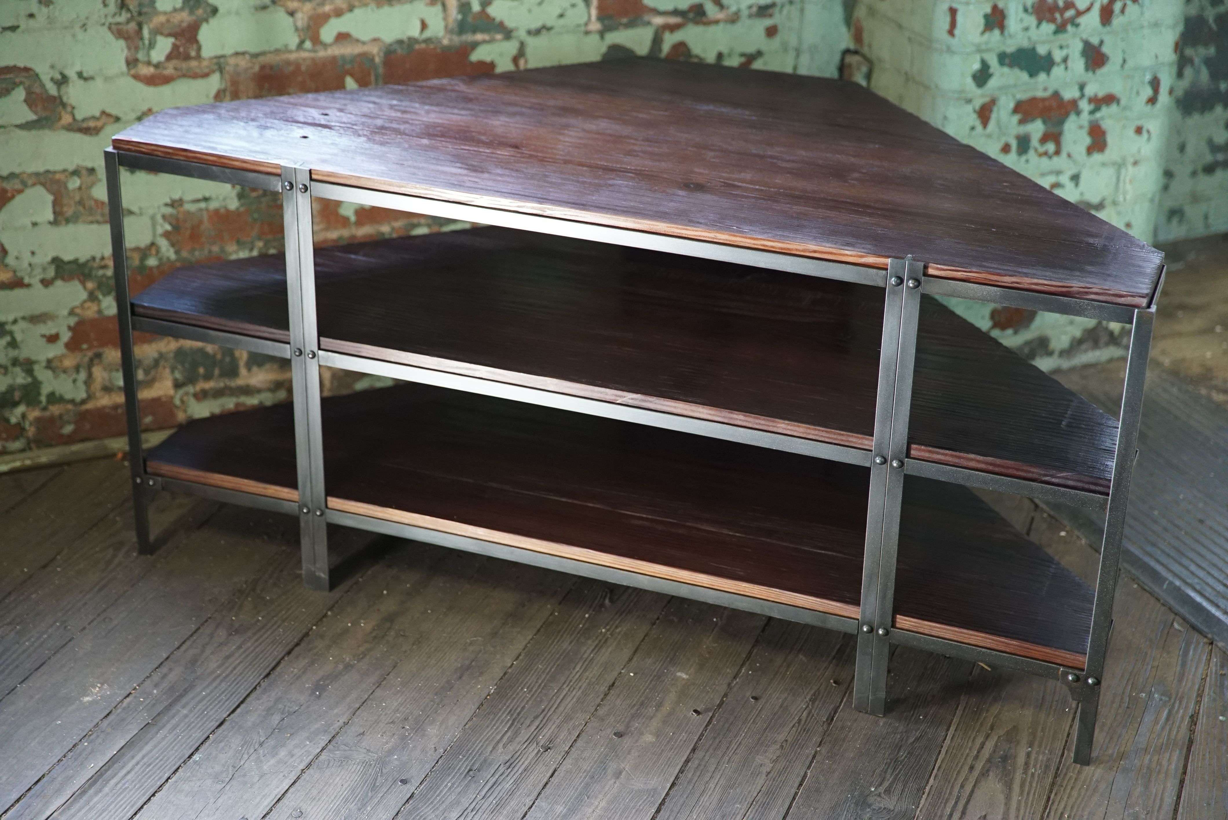 Hand Made Media Unit. Corner Console / Tv Stand. Steel/reclaimed Throughout Industrial Corner Tv Stands (Gallery 11 of 15)