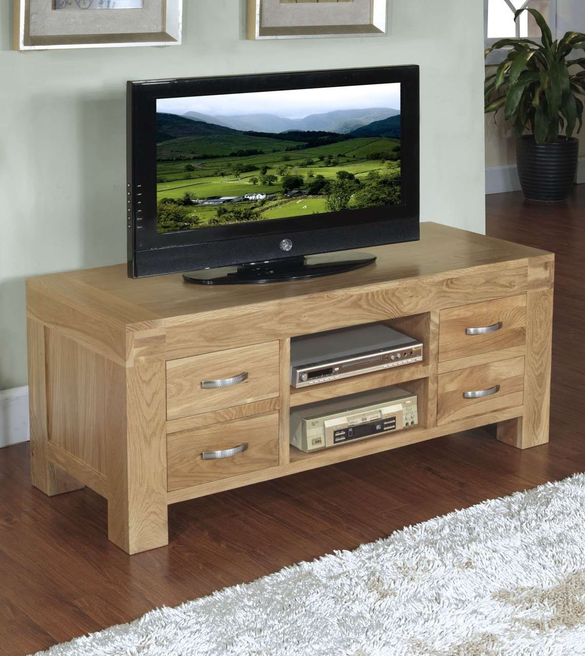 Langton Solid Contemporary Oak Furniture Widescreen Tv Cabinet Throughout Tv Stands In Oak (View 1 of 15)