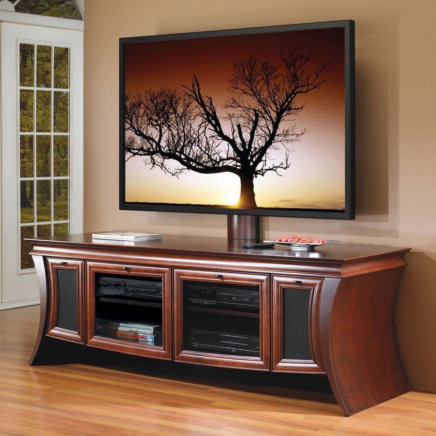 Large Brown Lacquered Mahogany Wood Media Console With Glass Doors Intended For Maple Tv Stands For Flat Screens (Gallery 1 of 15)