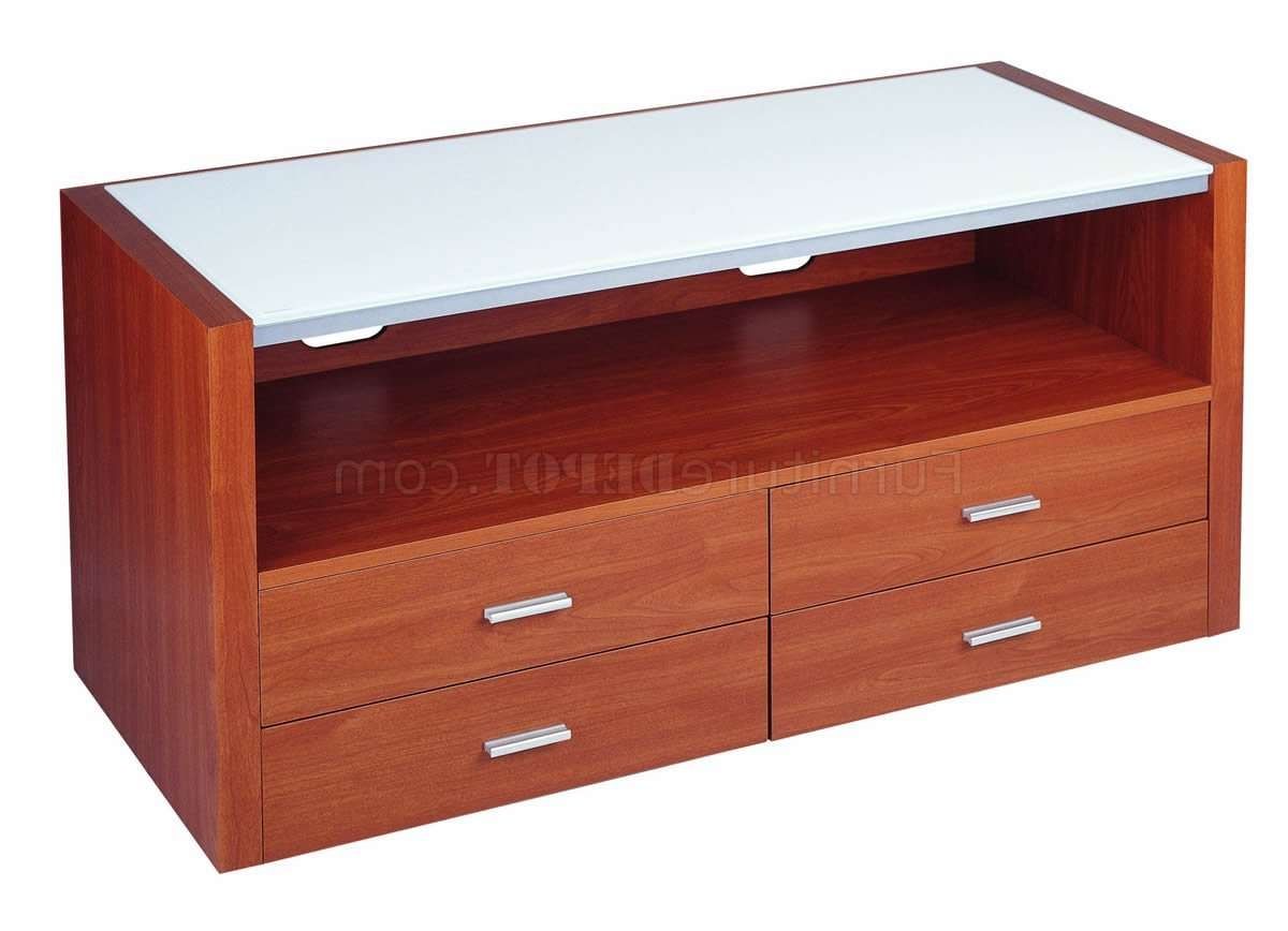 Light Cherry Finish Modern Tv Stand W/frosted Glass Top Pertaining To Light Cherry Tv Stands (View 1 of 15)