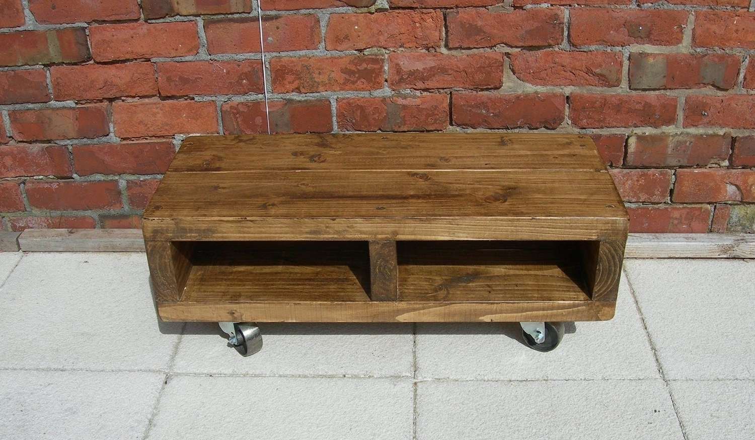 Solid Wood Low Tv Unit With Cast Iron Wheels, 90 Cm Contemporary In Wooden Tv Stands With Wheels (View 8 of 15)