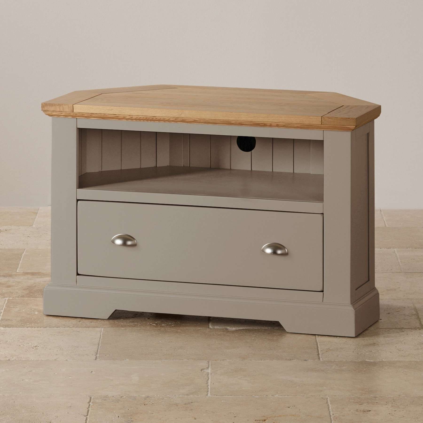 St Ives Natural Oak And Light Gray Painted Corner Tv Stand Oak Regarding Painted Tv Stands (View 9 of 15)