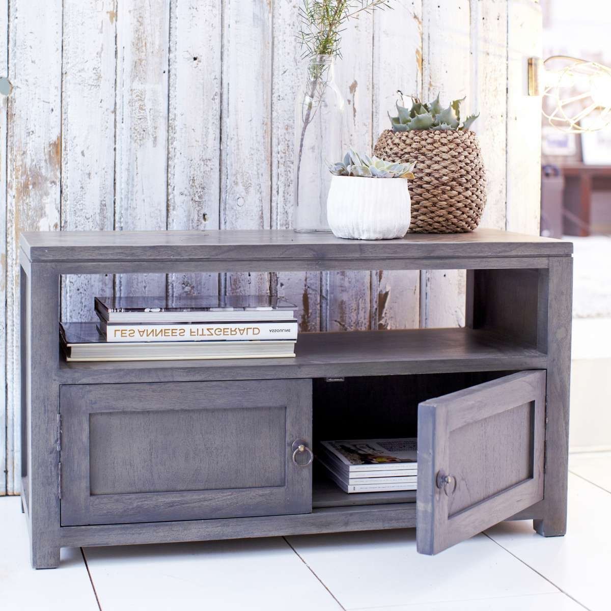 Tikamoon Solid Painted Grey Small Wood Mindi Tv Stand Tv Cabinet Within Grey Wood Tv Stands (View 3 of 15)