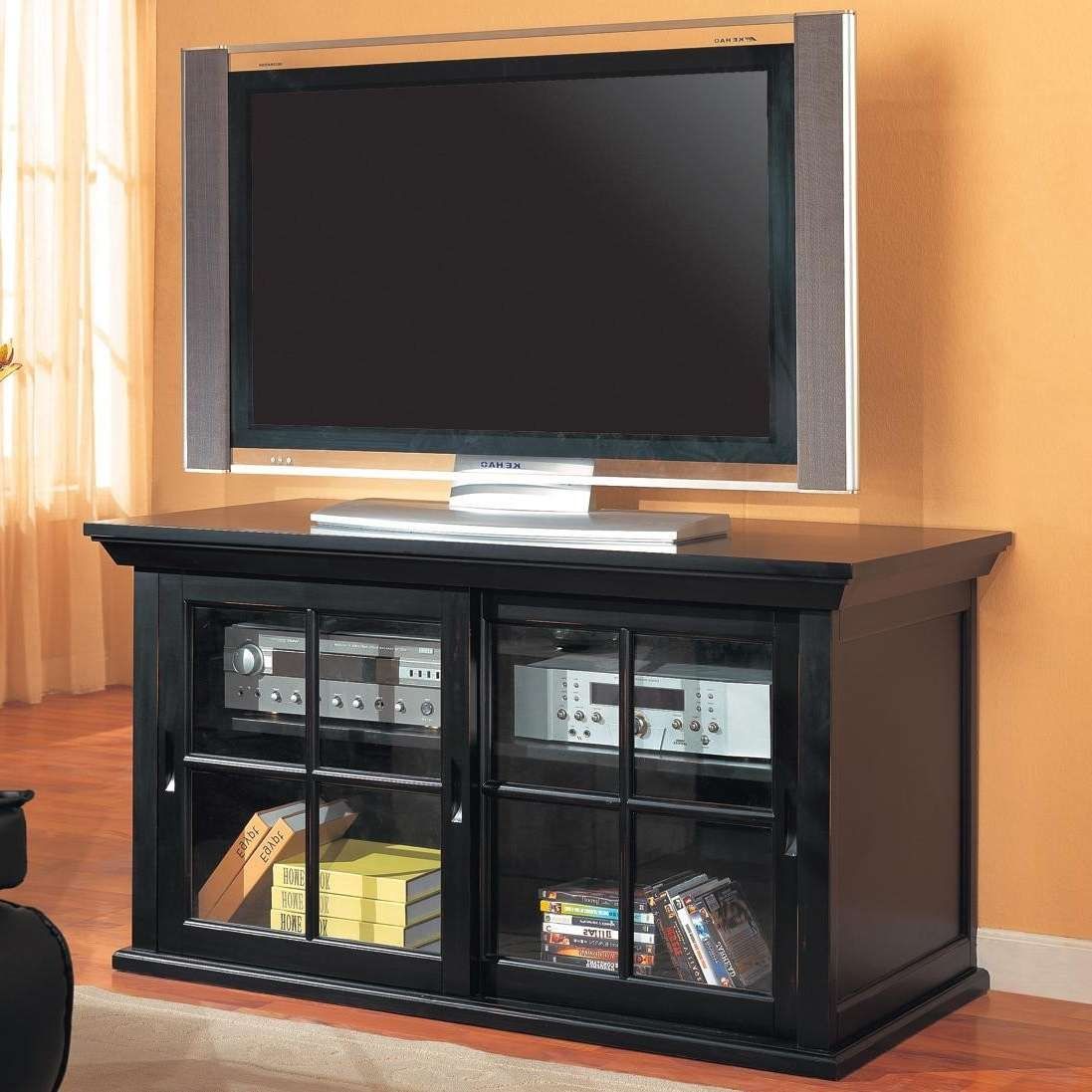 Tv Stands Transitional Media Console With Sliding Glass Doors For Wooden Tv Stands With Glass Doors (View 1 of 15)