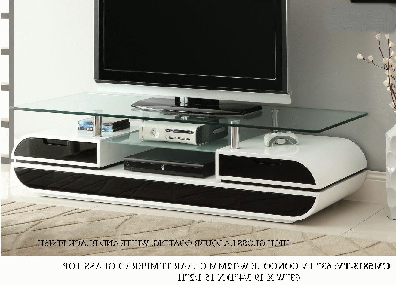 W5813 63" Tv Stand White And Black Lacquer Finish Within White And Black Tv Stands (View 1 of 15)