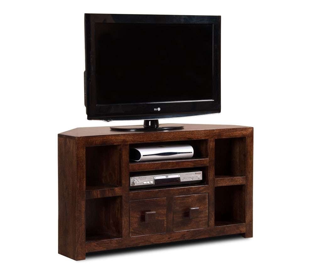 Walnut Stained Indian Mango Wood Tv Stand | 42" Corner Unit | Casa Within Dark Walnut Tv Stands (View 3 of 15)