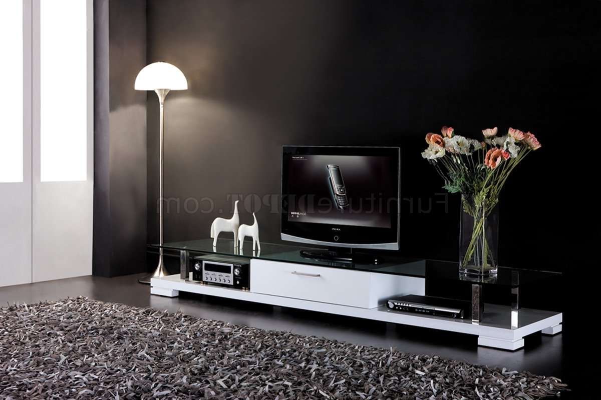 White Finish Modern Tv Stand W/drawer & Clear Glass Top Regarding White Contemporary Tv Stands (View 7 of 15)
