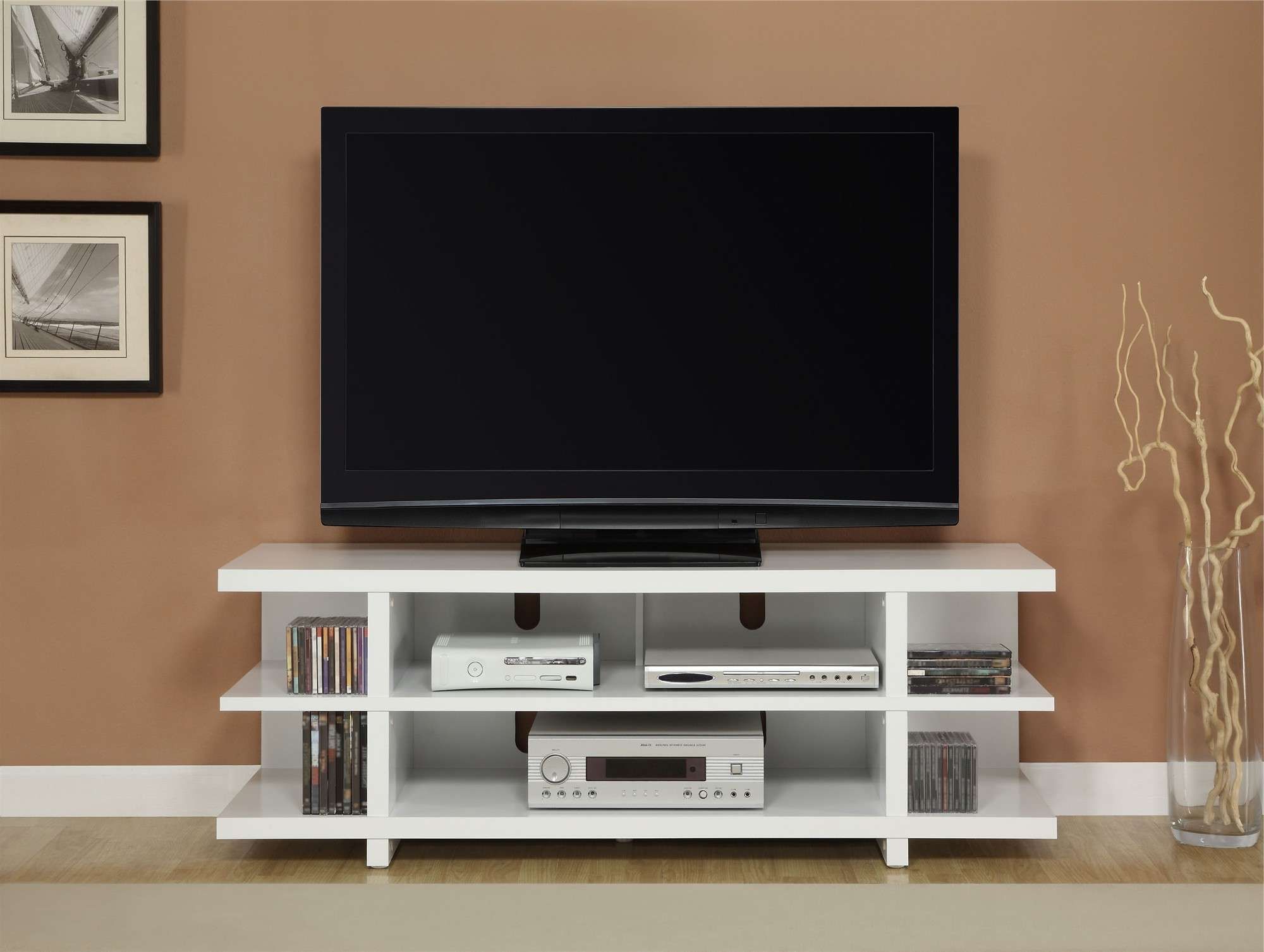 White Stained Wooden Tv Stand Having Several Open Shelves For Throughout Contemporary Tv Stands For Flat Screens (View 1 of 15)