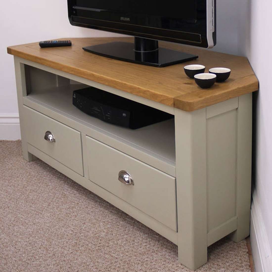 Aspen Oak Corner Tv Unit / Painted Tv Stand / Sage Grey With Oak Inside Oak Corner Tv Cabinets (View 14 of 20)