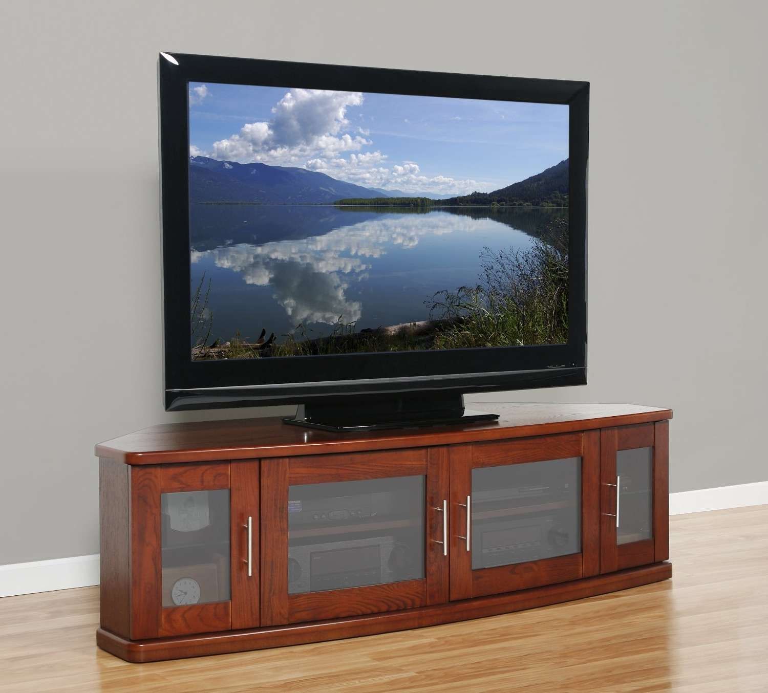 Curved Brown Figured Cherry Wood Low Cabinet For Tv Stand With 4 Throughout Cherry Wood Tv Cabinets (View 1 of 20)