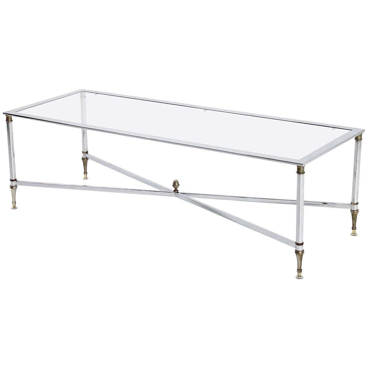 Fashionable Rectangle Glass Coffee Table For Chrome Brass X Base Glass Top Long Rectangle Coffee Table For Sale (View 1 of 20)