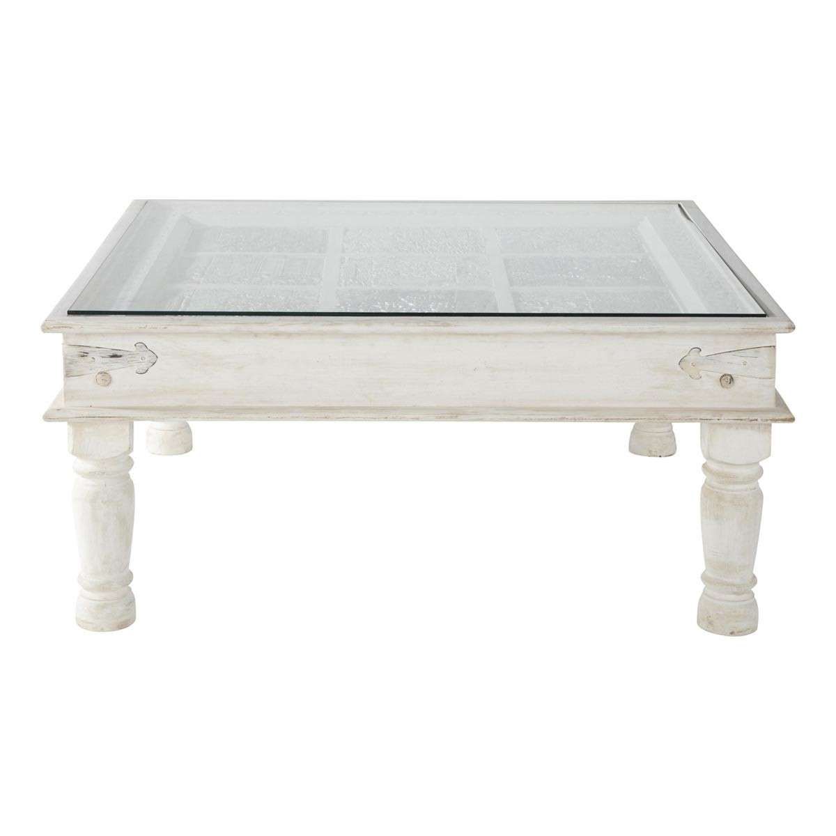 French Country Carved Wood Square White Coffee Table With Glass Pertaining To Well Liked Square White Coffee Tables (View 11 of 20)