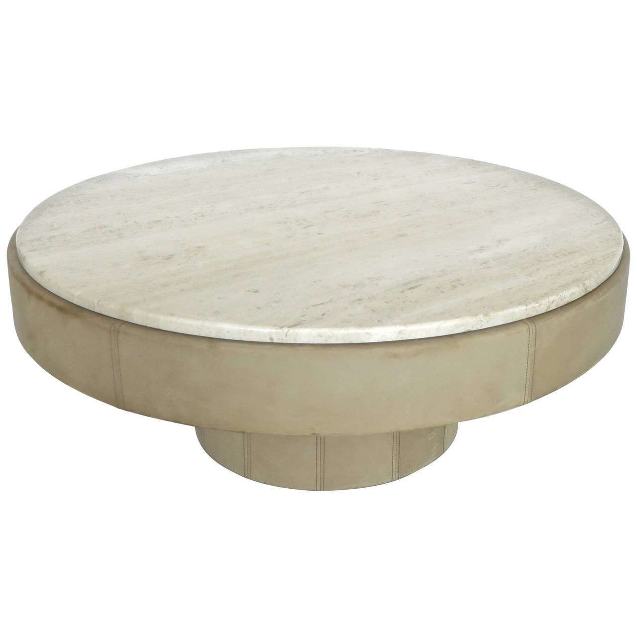 French Cream Leather And Travertine Marble Round Coffee Table At With Well Known Marble Round Coffee Tables (View 10 of 20)