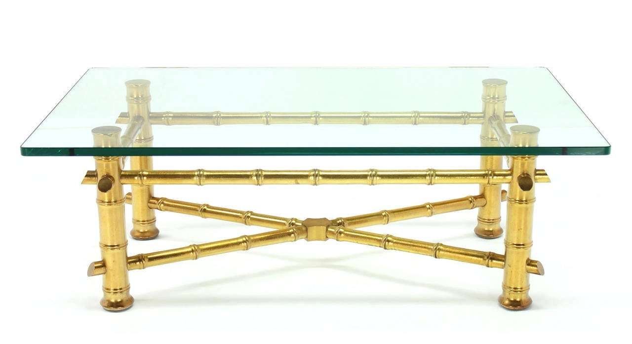 Gold Leaf Faux Bamboo Base Coffee Table With Thick Glass Top For With Regard To Fashionable Gold Bamboo Coffee Tables (View 13 of 20)