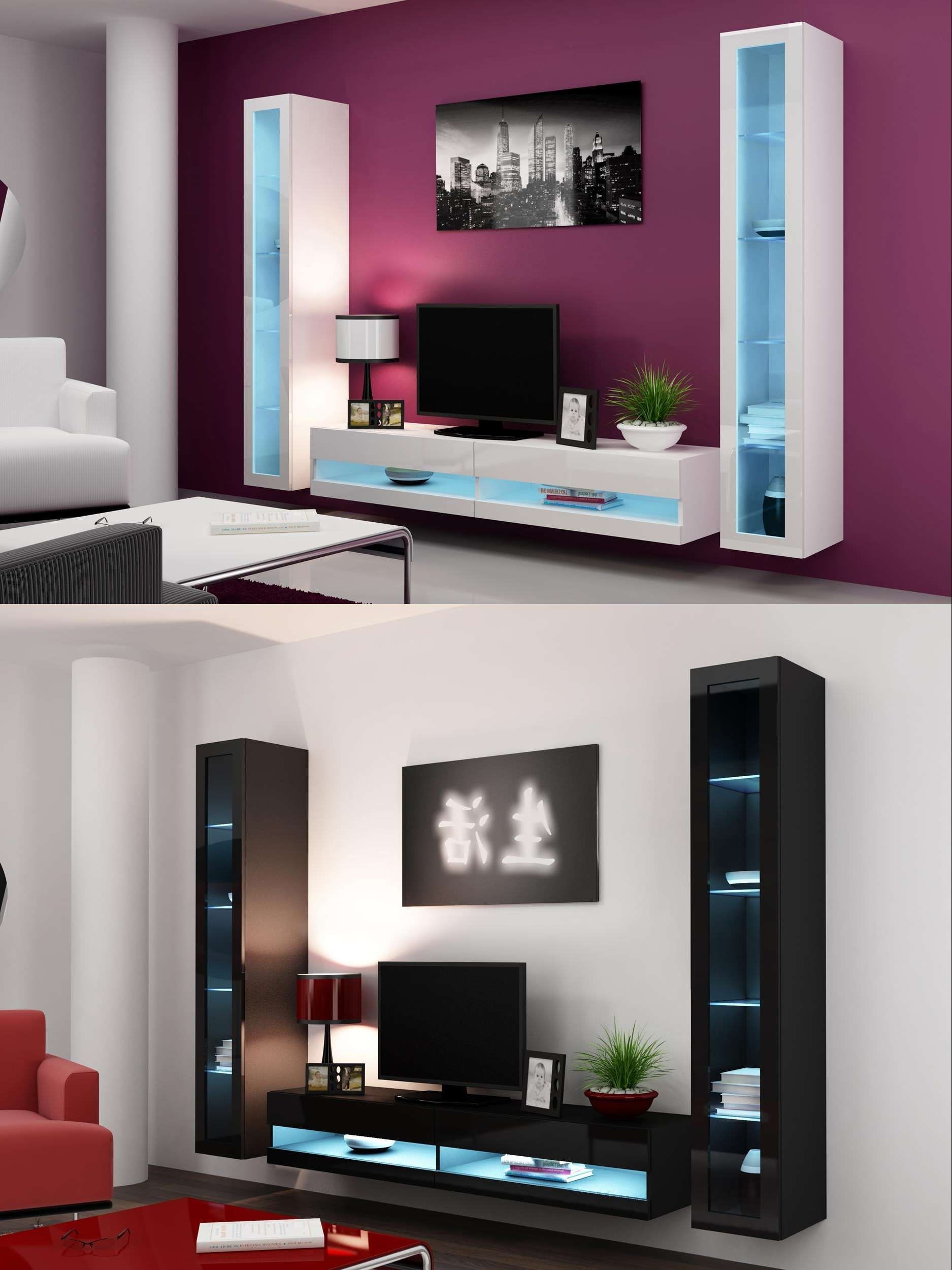 High Gloss Living Room Set With Led Lights, Tv Stand, Wall Mounted With Regard To High Gloss Tv Cabinets (View 9 of 20)