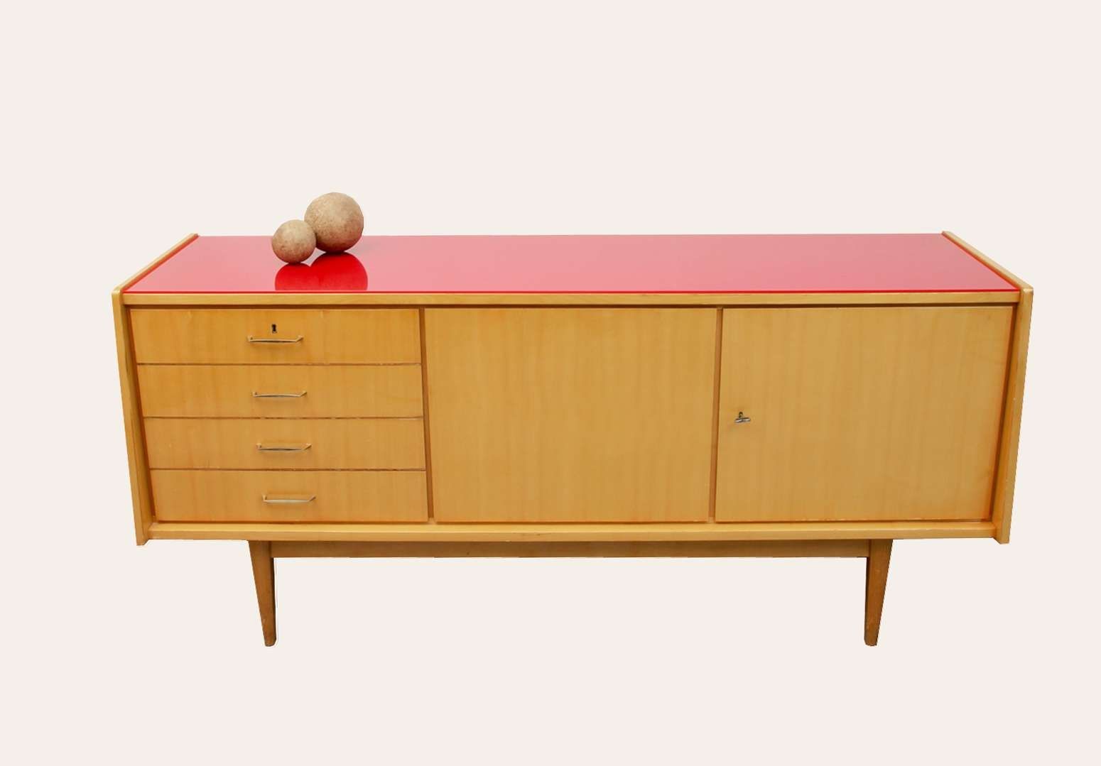 Mid Century Ash Sideboard With Red Glass Top, 1950s For Sale At Pamono Pertaining To Red Sideboards (View 12 of 20)