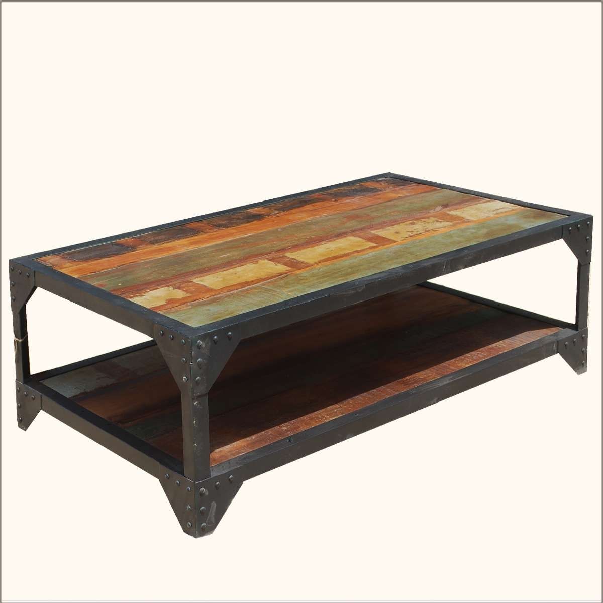 Popular Rustic Coffee Tables With Bottom Shelf With Regard To Attractive Rectangle Metal Industrial Coffee Table Solid Wood Top (Gallery 20 of 20)