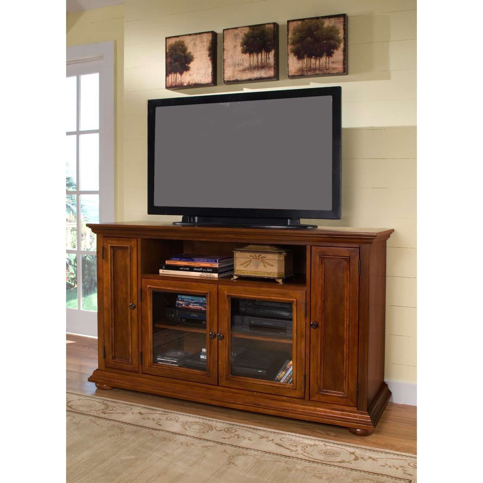 Rectangle Black Flat Screen Tv Over Brown Wooden Cabinet With In Wall Mounted Tv Cabinets With Doors (View 11 of 20)