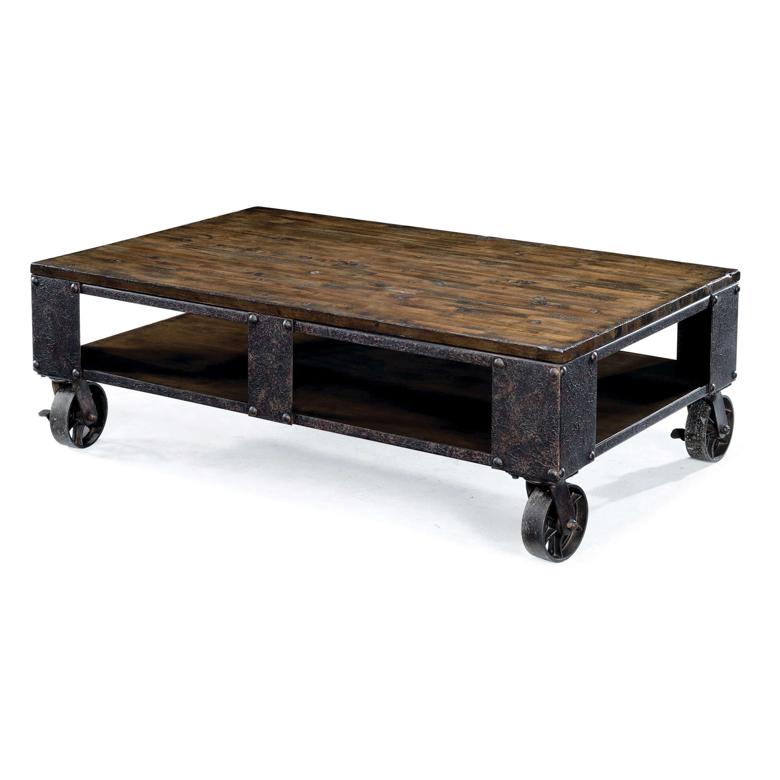 Rectangle Black Metal Coffee Table With Brown Wood Top And Four With Most Popular Rustic Coffee Table With Wheels (View 17 of 20)
