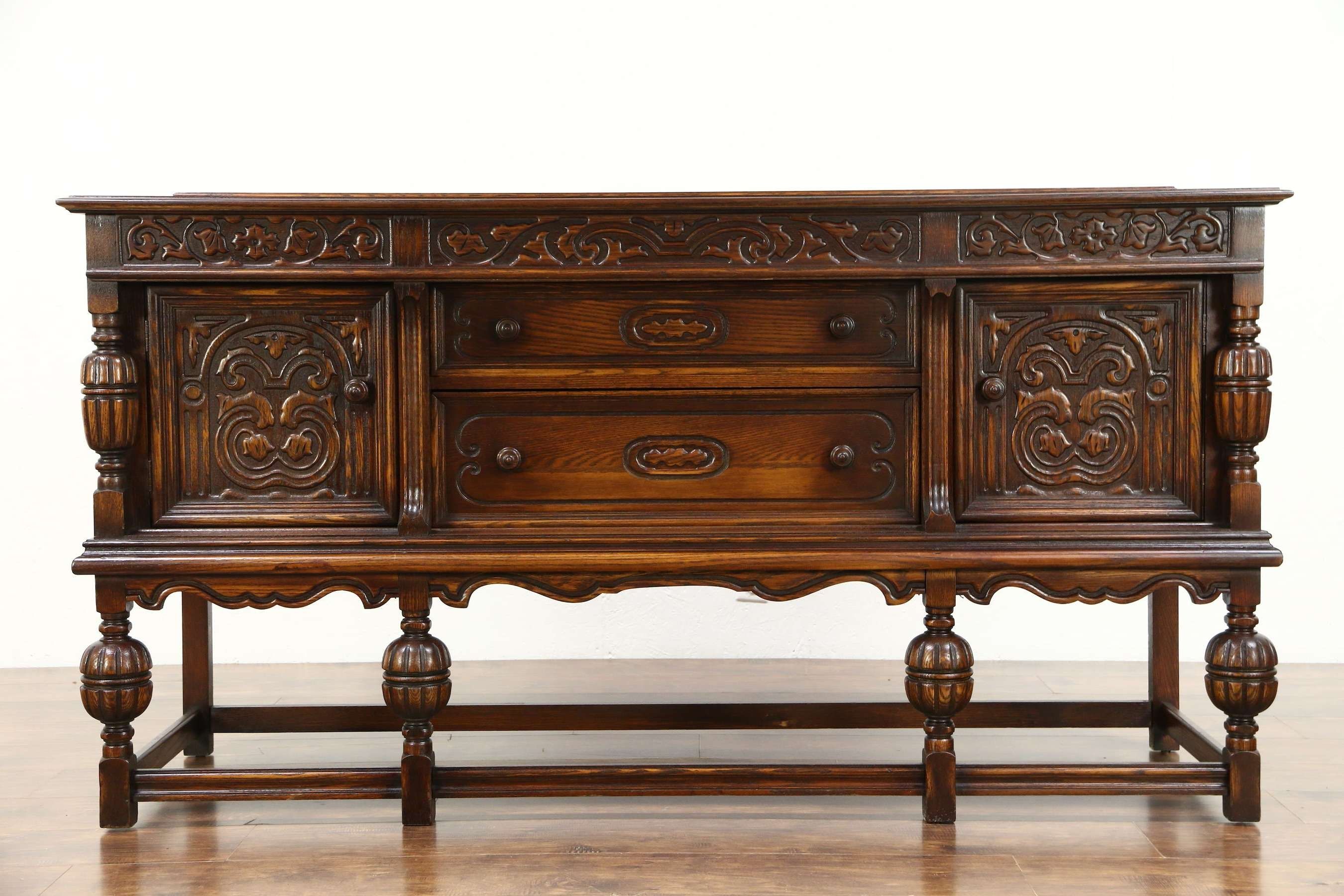 Sold – English Tudor 1920 Antique Carved Oak Sideboard, Server Or Throughout Antique Oak Sideboards (View 7 of 20)
