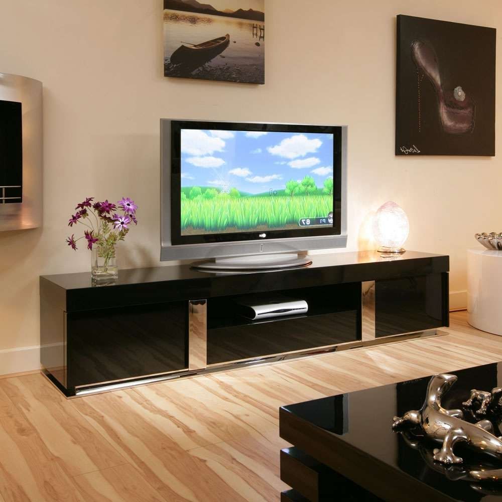 Tv Stand / Cabinet / Unit Large 2.2mtr Black Gloss Stainless With Tv Cabinets Gloss (Gallery 20 of 20)