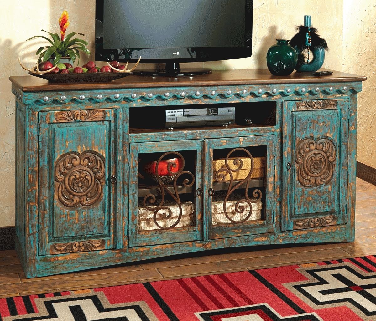 Western Furniture: Santa Maria Turquoise Entertainment Console Inside Rustic Tv Cabinets (View 14 of 20)