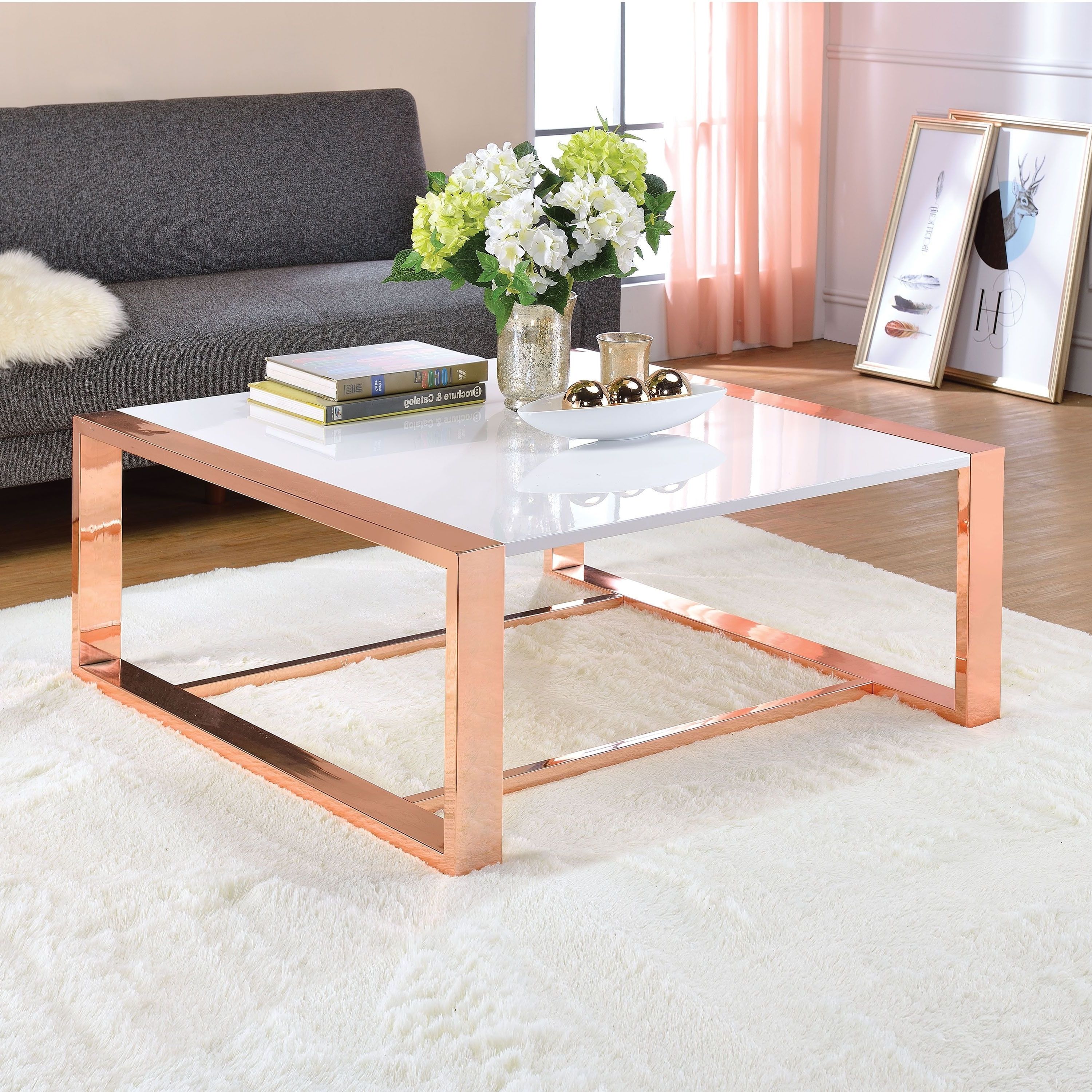 Latest Stack Hi Gloss Wood Coffee Tables With Acme Furniture Porviche White High Gloss And Rose Gold Coffee Table (View 1 of 20)