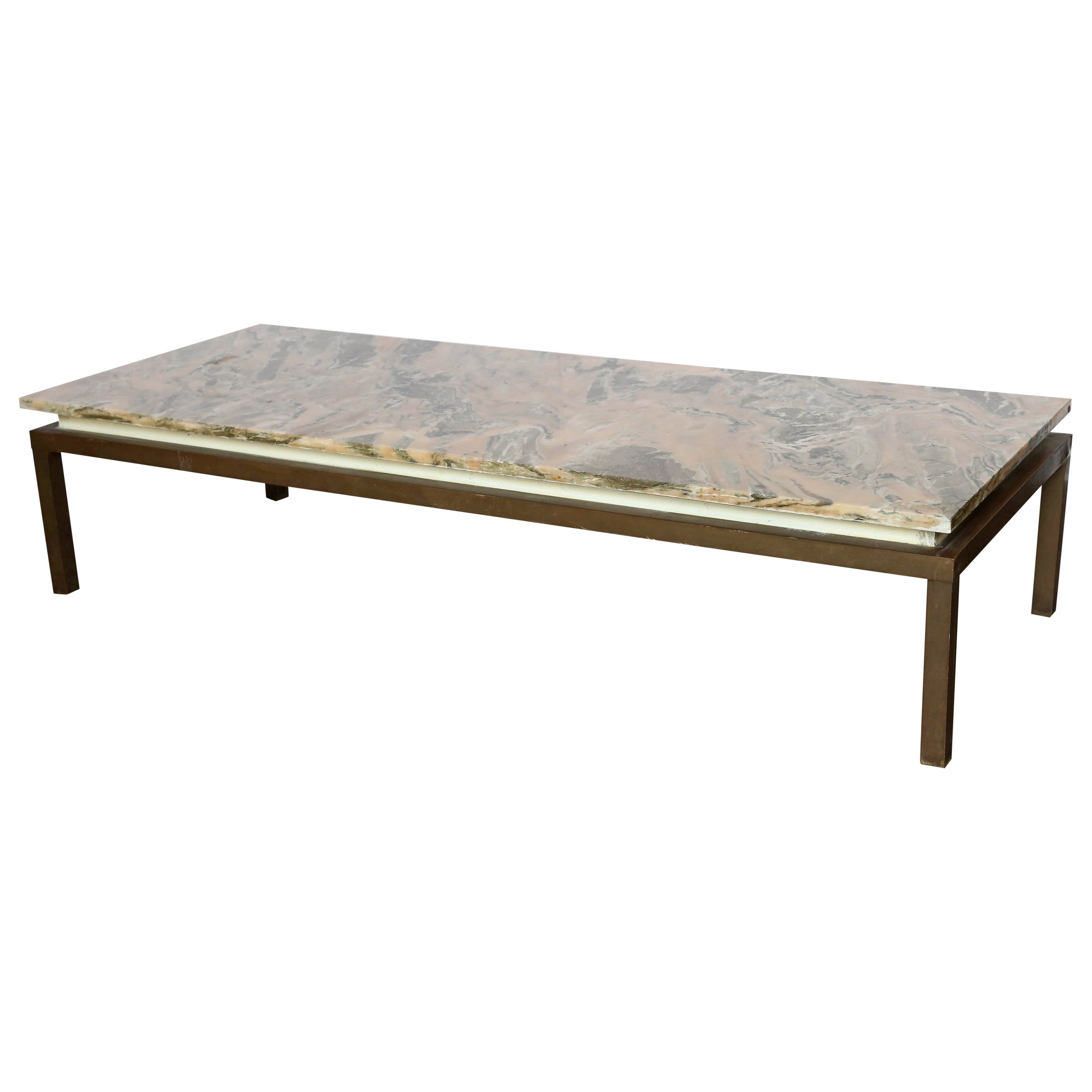 Most Up To Date Slab Large Marble Coffee Tables With Brass Base Within Mid Century Modern Marble Swirl Top With Bronze Base Cocktail (View 11 of 20)
