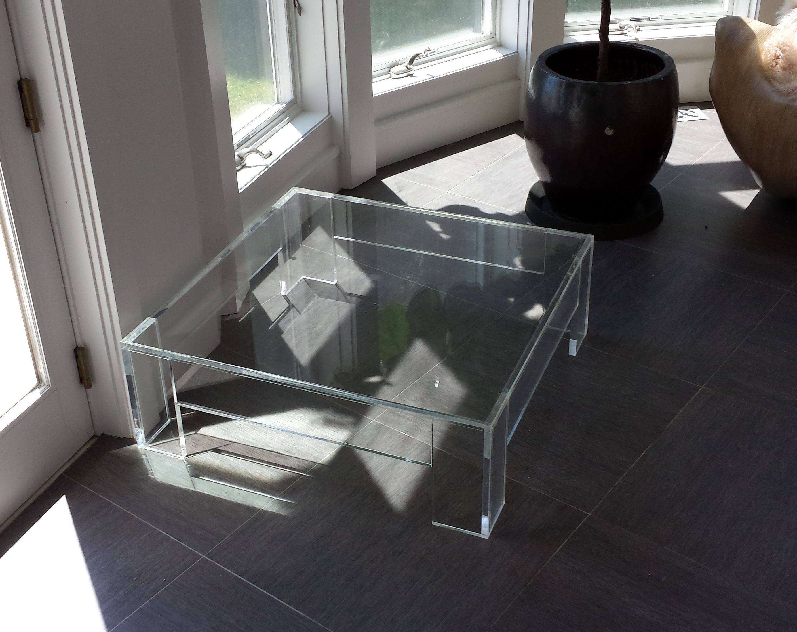 Well Known Modern Acrylic Coffee Tables Within Modern Square Clear Acrylic Coffee Table With Shelf In Living Room (Gallery 1 of 20)