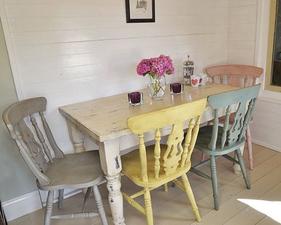 2018 Shabby Chic Farmhouse Dining Table With Four Multicoloured Chairs In Shabby Chic Dining Chairs (View 1 of 20)
