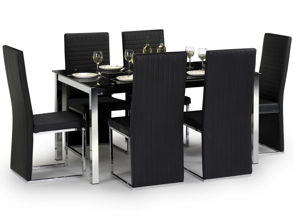 Black Glass Dining Tables 6 Chairs With Regard To Current Julian Bowen Tempo 150cm Black Glass Dining Table And 6 Black Faux (Gallery 20 of 20)