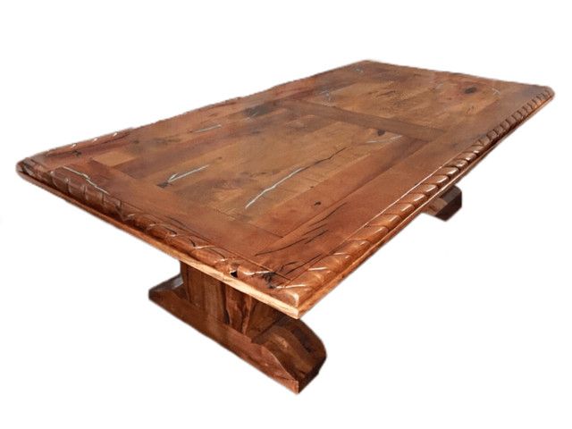 Dining Tables 120x60 For Fashionable Rope Edge Pedestal Rustic Dining Table Turquoise Inlay – Traditional (View 17 of 20)
