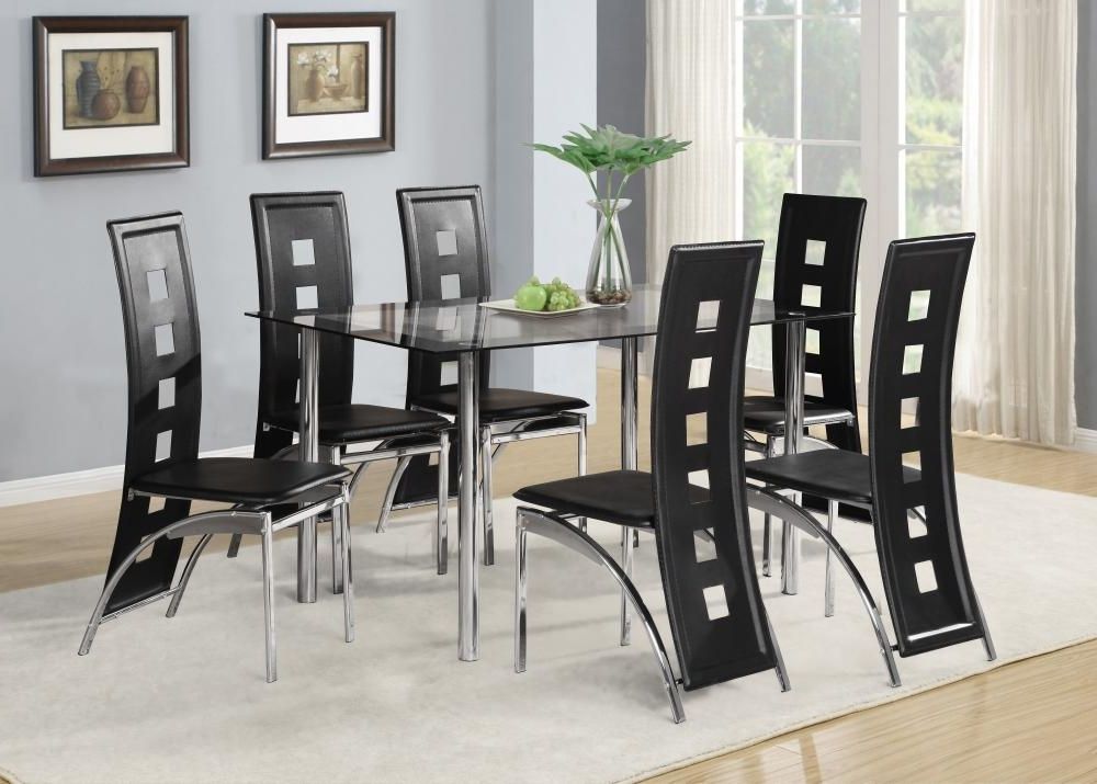 Famous Black Glass Dining Tables 6 Chairs Within Black Glass Dining Room Table Set And With 4 Or 6 Faux Leather (View 1 of 20)