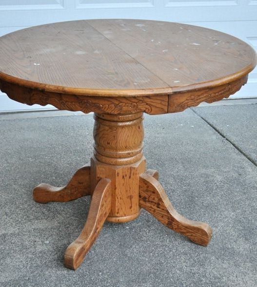 Famous Washed Old Oak & Waxed Black Legs Bar Tables Throughout Before And After – Old Oak Pedestal Table Painted And Looking Good (View 11 of 20)