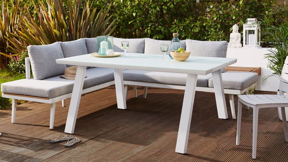 Fresco White 6 Seater Trestle Garden Table – Danetti Uk With Most Recent Garden Dining Tables (View 1 of 20)
