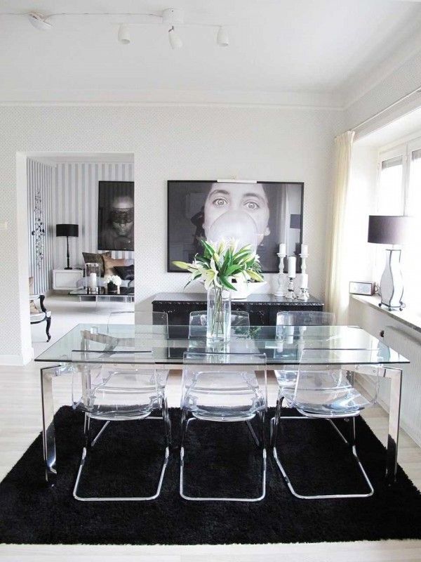 Glass Dining Table And Acrylic Chairs With Black & White Design Inside Most Current Weaver Dark 7 Piece Dining Sets With Alexa White Side Chairs (View 11 of 20)