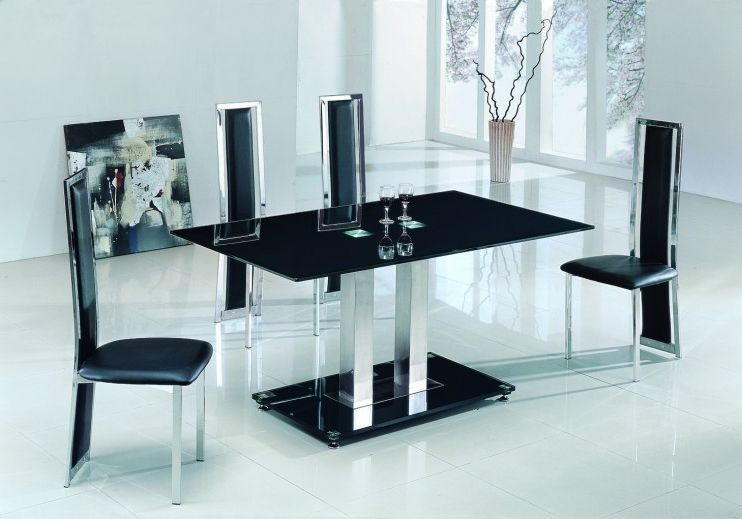 Most Popular Alba Large Chrome Black Glass Dining Table With Amalia Chairs Regarding Black Glass Dining Tables And 6 Chairs (View 1 of 20)